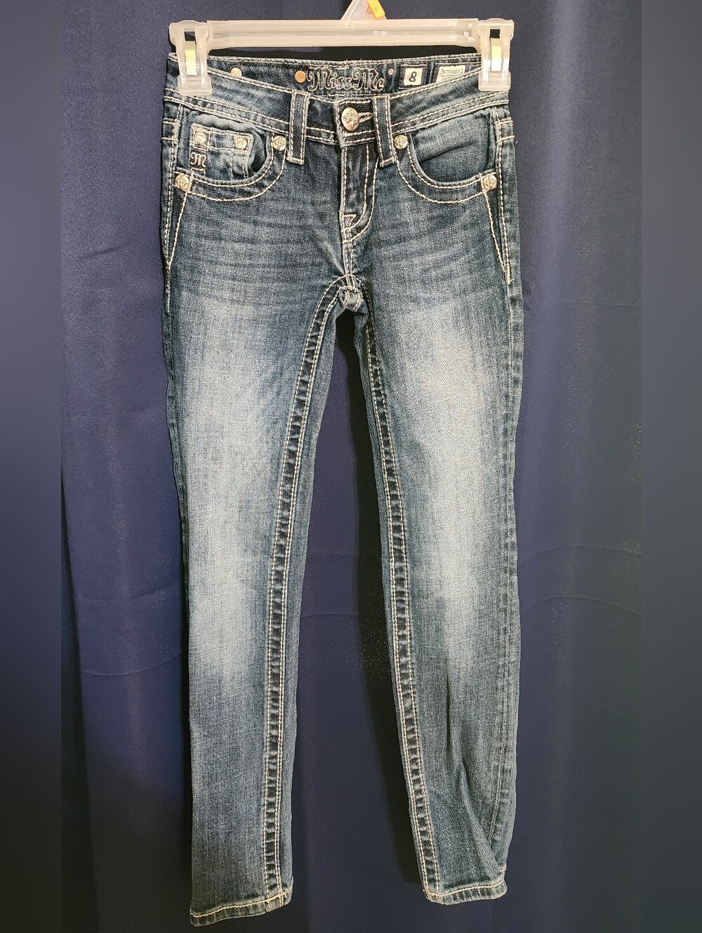 Miss Me Girls Jeans Size 8 Skinny Fleur De Lis Sequin Rhinestone Bling Denim
